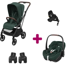 Pack Poussette Duo Léona 2 Twillic Green + adaptateurs coque + coque Pebble 360 pro 2 + base Familyfix 360 pro                            de Maxi Cosi
