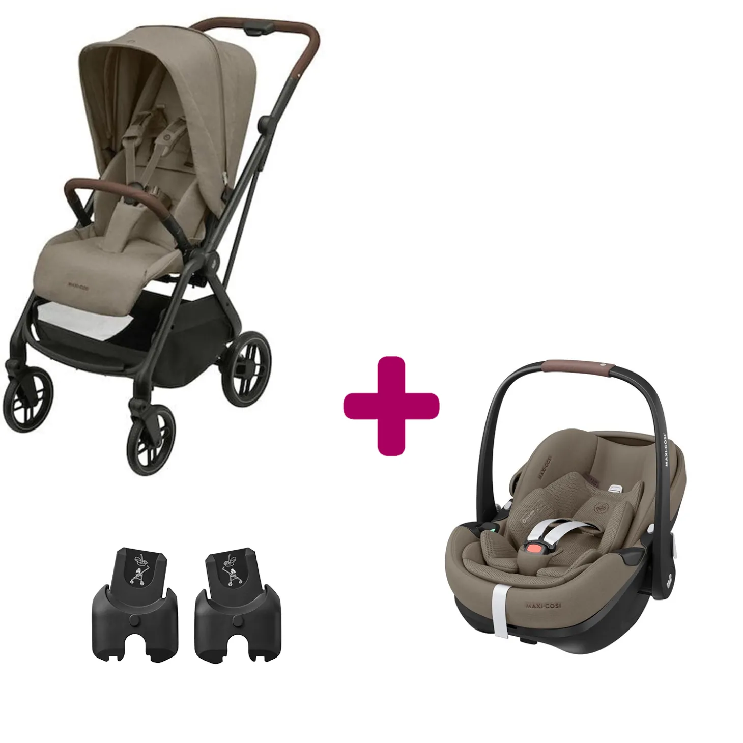 Pack Poussette Duo Léona 2 Twillic Truffle + adaptateurs coque + coque Pebble 360 pro 2 de Maxi Cosi