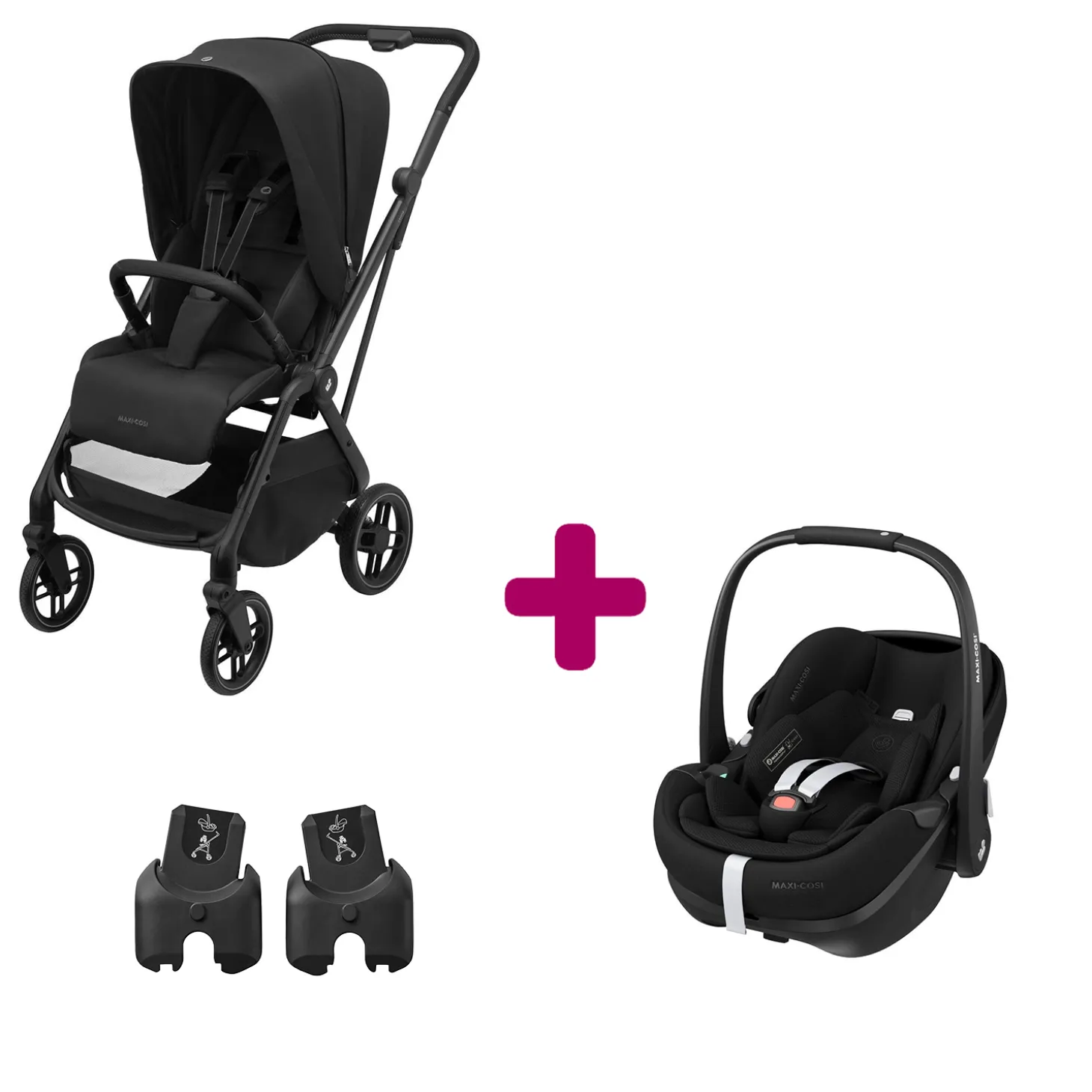Pack Poussette Duo Léona 2 Twillic Black + adaptateurs coque + coque Pebble 360 pro 2 de Maxi Cosi