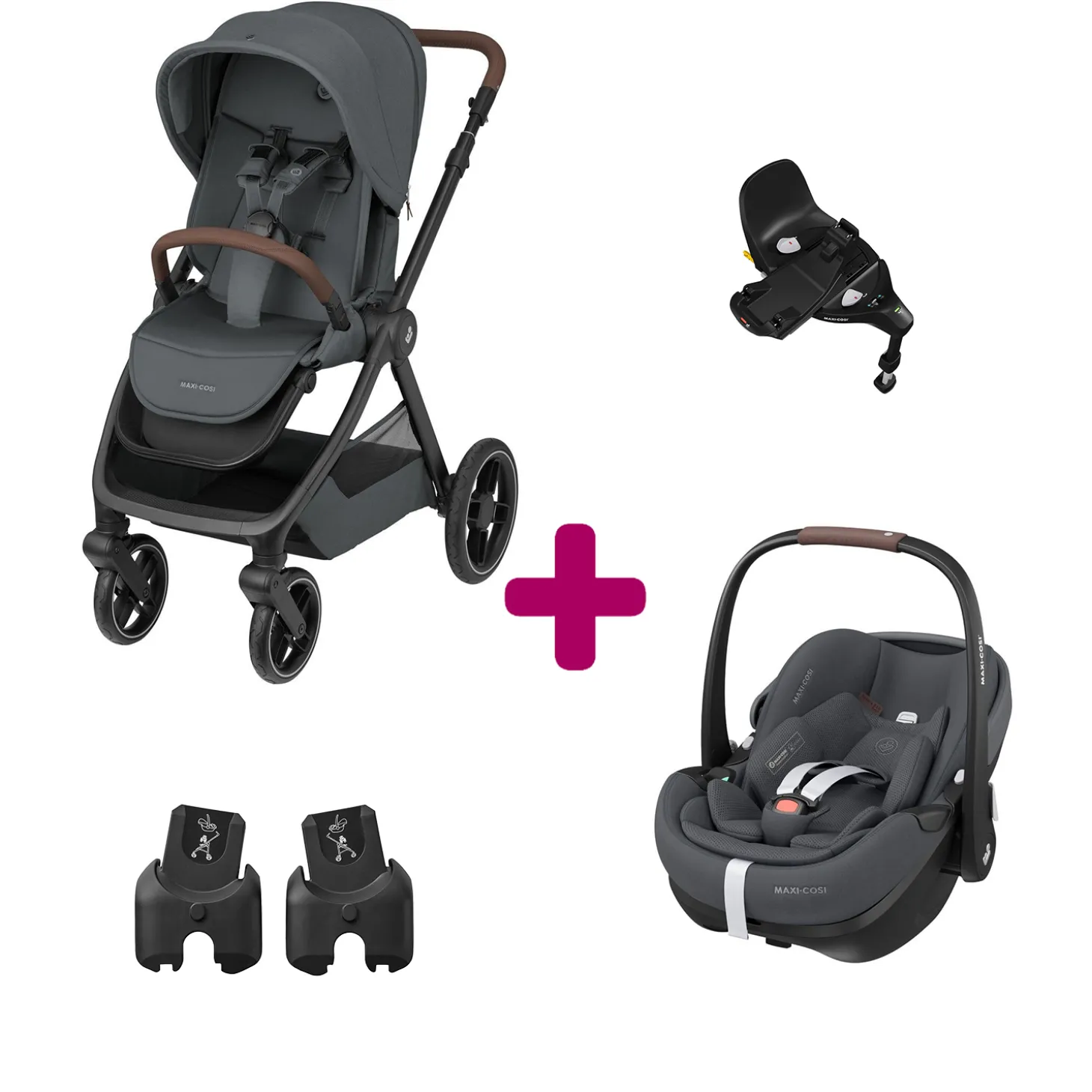 Pack Poussette Duo Oxford Twillic Graphite + adaptateurs coque + coque Pebble 360 pro 2 + base Familyfix 360 pro de Maxi Cosi
