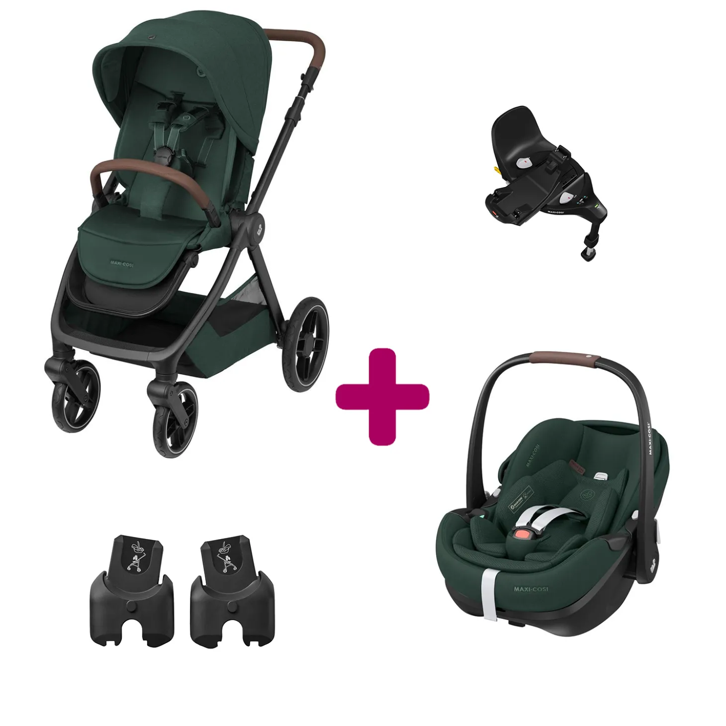Pack Poussette Duo Oxford Twillic Green + adaptateurs coque + coque Pebble 360 pro 2 + base Familyfix 360 pro de Maxi Cosi