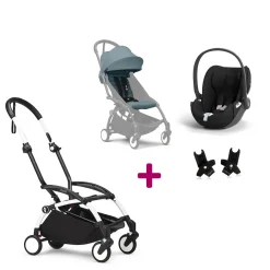 Pack Poussette Duo Yoyo 3 Aqua Cadre Blanc + coque Cloud T Sepia Black + adaptateurs                            de Stokke