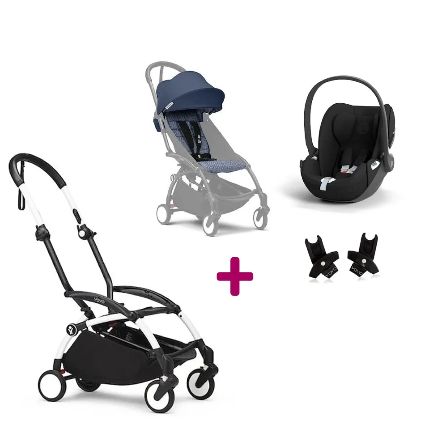 Pack Poussette Duo Yoyo 3 Bleu Air France Cadre Blanc + coque Cloud T Sepia Black + adaptateurs de Stokke