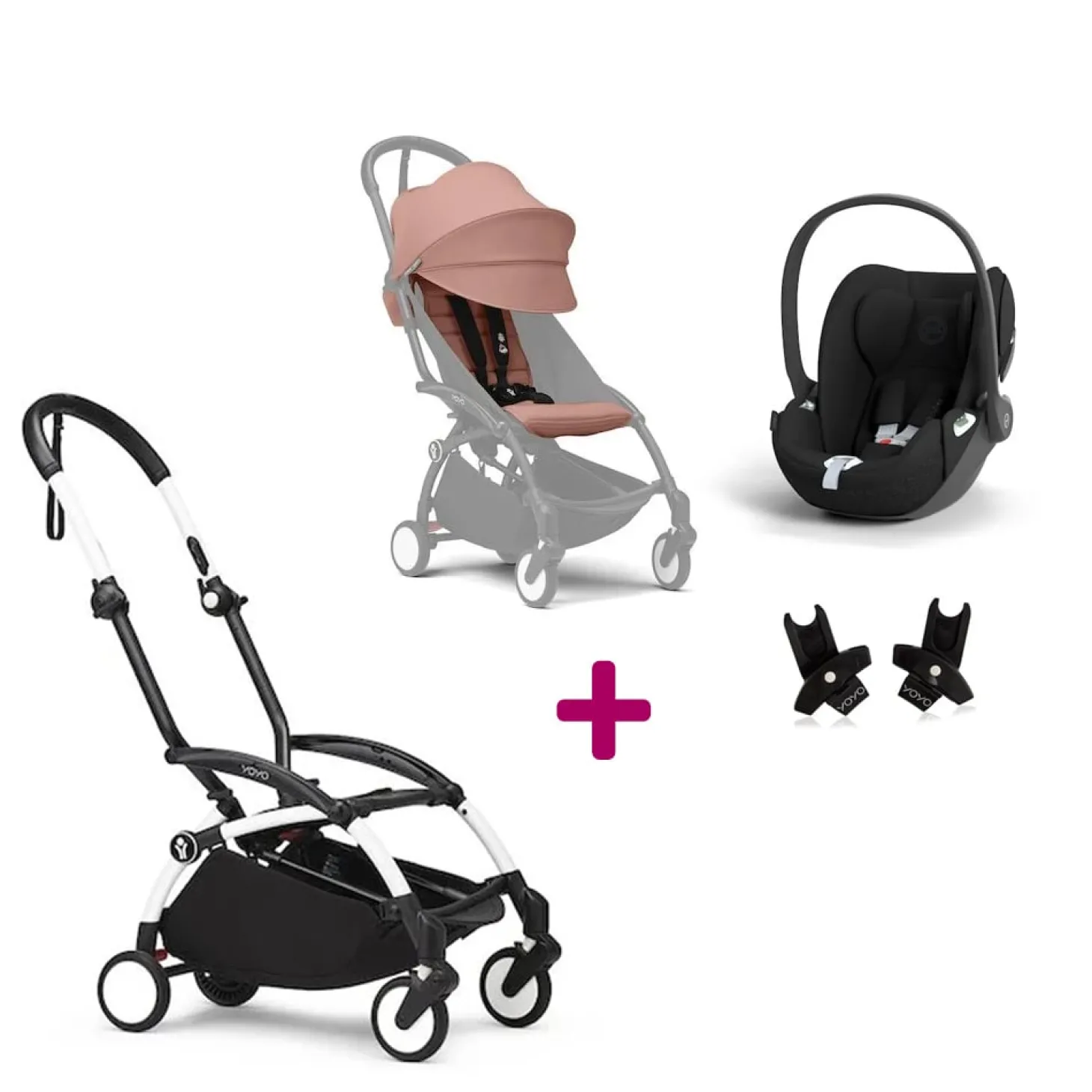 Pack Poussette Duo Yoyo 3 Ginger Cadre Blanc + coque Cloud T Sepia Black+ adaptateurs de Stokke