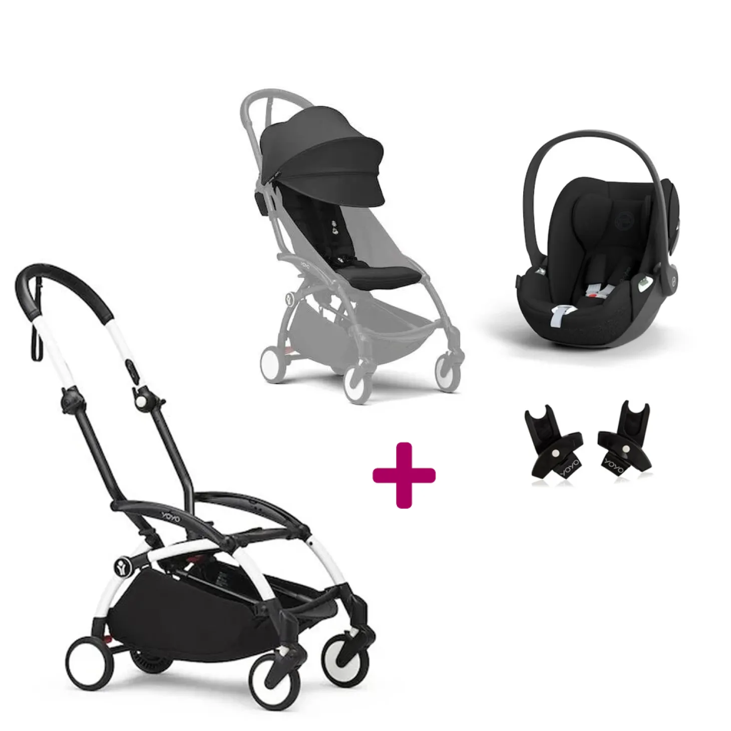 Pack Poussette Duo Yoyo 3 Noir Cadre Blanc + coque Cloud T Sepia Black + adaptateurs de Stokke