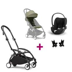 Pack Poussette Duo Yoyo 3 Olive Cadre Noir + coque Cloud T Sepia Black + adaptateurs                            de Stokke