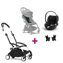 Pack Poussette Duo Yoyo 3 Stone Cadre Blanc + coque Cloud T Sepia Black + adaptateurs                            de Stokke