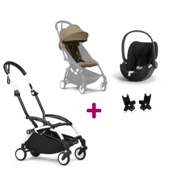 Pack Poussette Duo Yoyo 3 Toffee Cadre Blanc + coque Cloud T Sepia Black + adaptateurs                            de Stokke