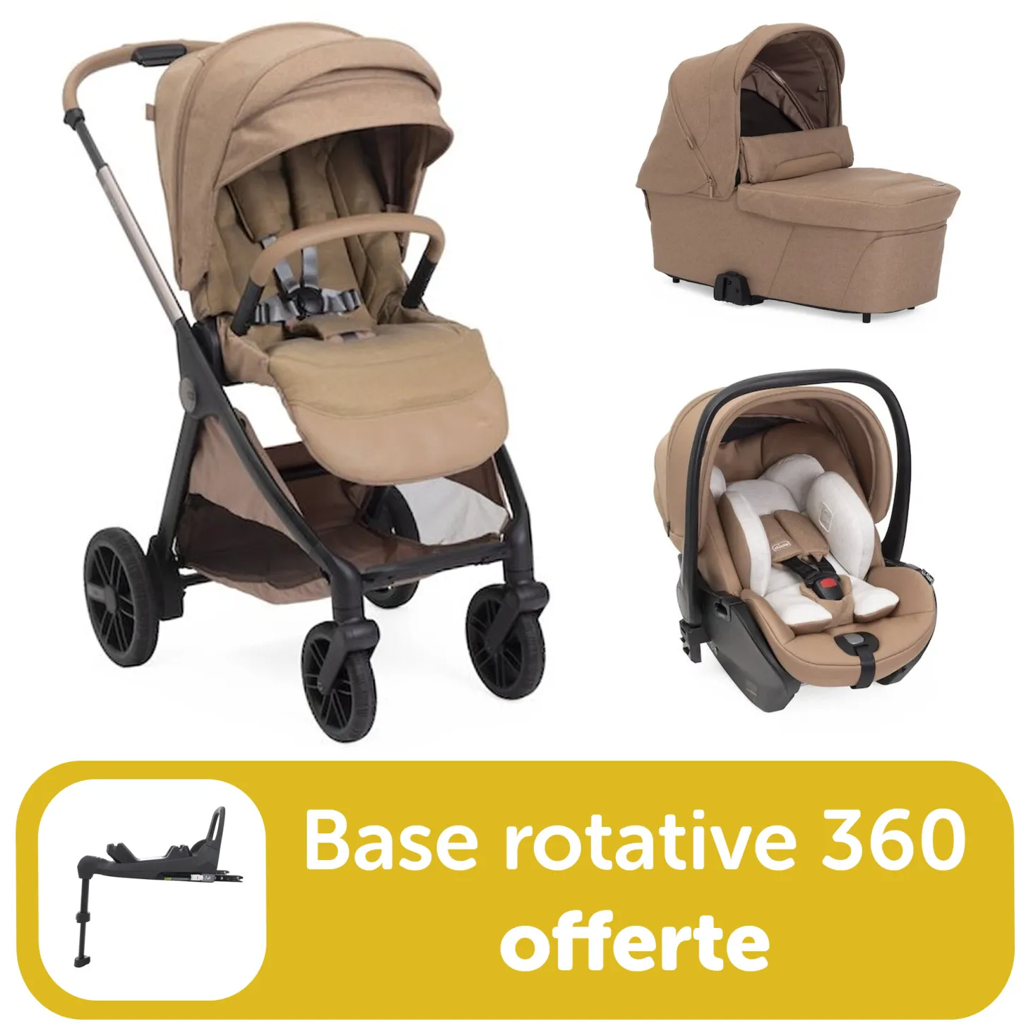 Pack Poussette trio Bellagio 2 Caramel = base rotative 360 offerte de Chicco