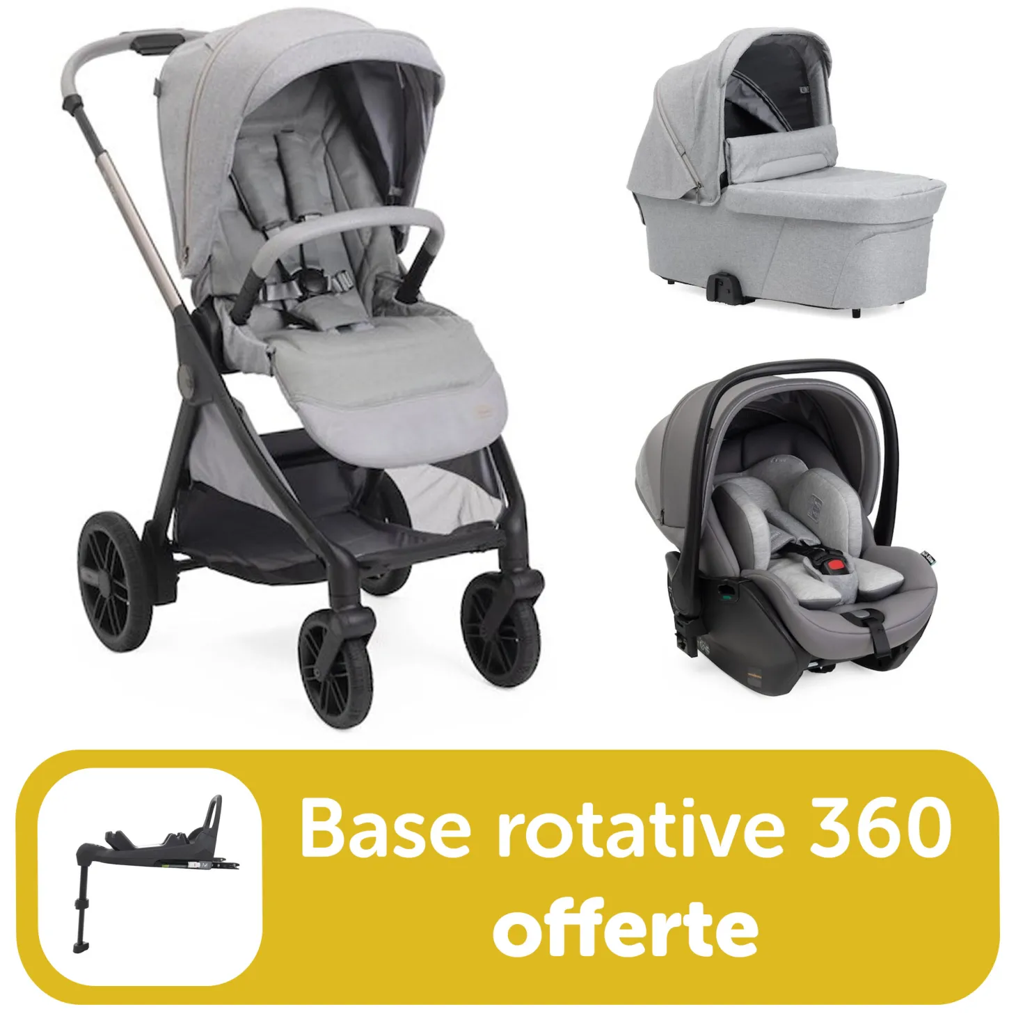 Pack Poussette trio Bellagio 2 Lunar Rock = base rotative 360 offerte de Chicco