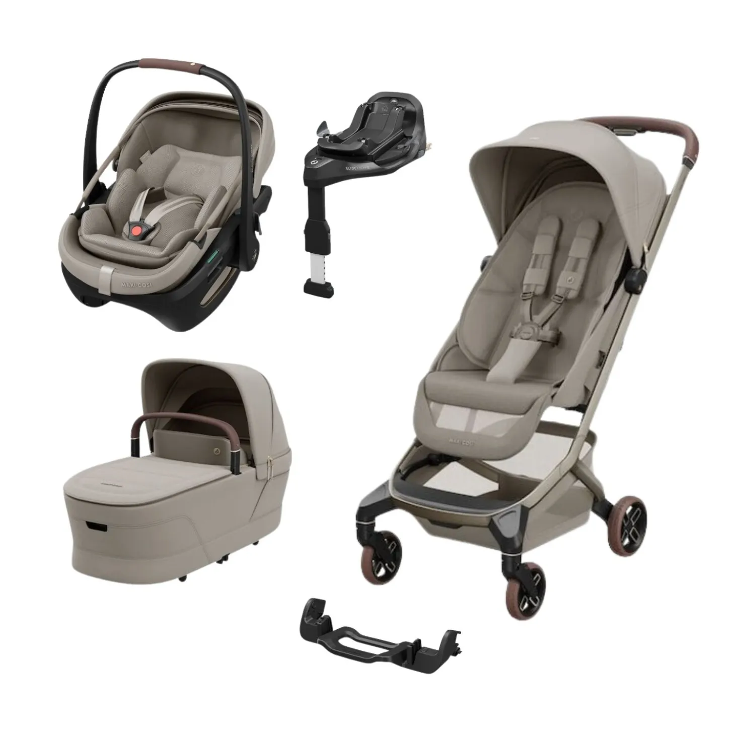 Pack Poussette Trio Fame Cabin Sapphire sand + adaptateurs coque Coral + coque Coral Sapphire sand + nacelle + base de Maxi Cosi