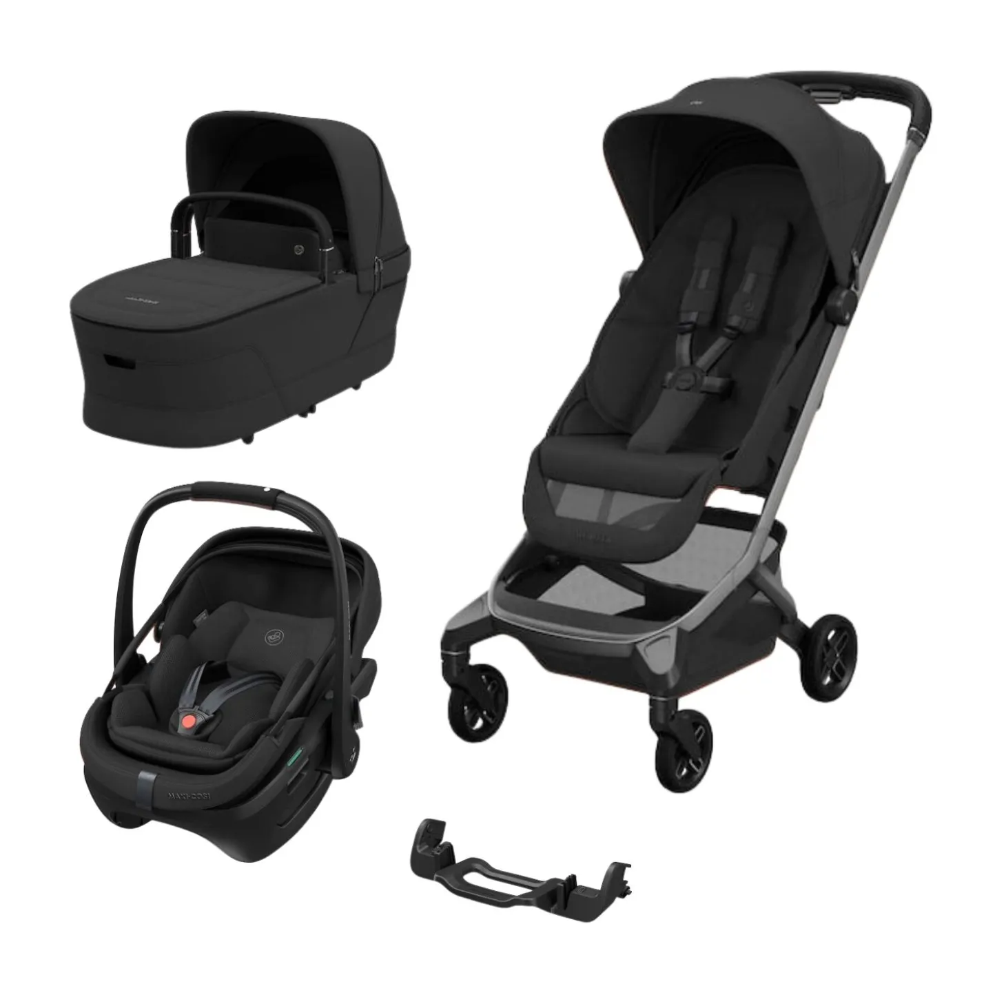 Pack Poussette Trio Fame Cabin Onyx Black + adaptateurs coque Coral + coque Coral Onyx Black + nacelle de Maxi Cosi