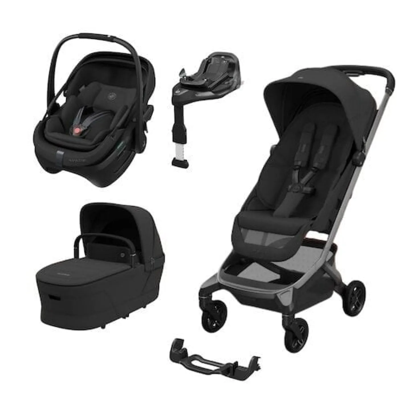 Pack Poussette Trio Fame Cabin Onyx Black + adaptateurs coque Coral + coque Coral Onyx Black + nacelle + base de Maxi Cosi