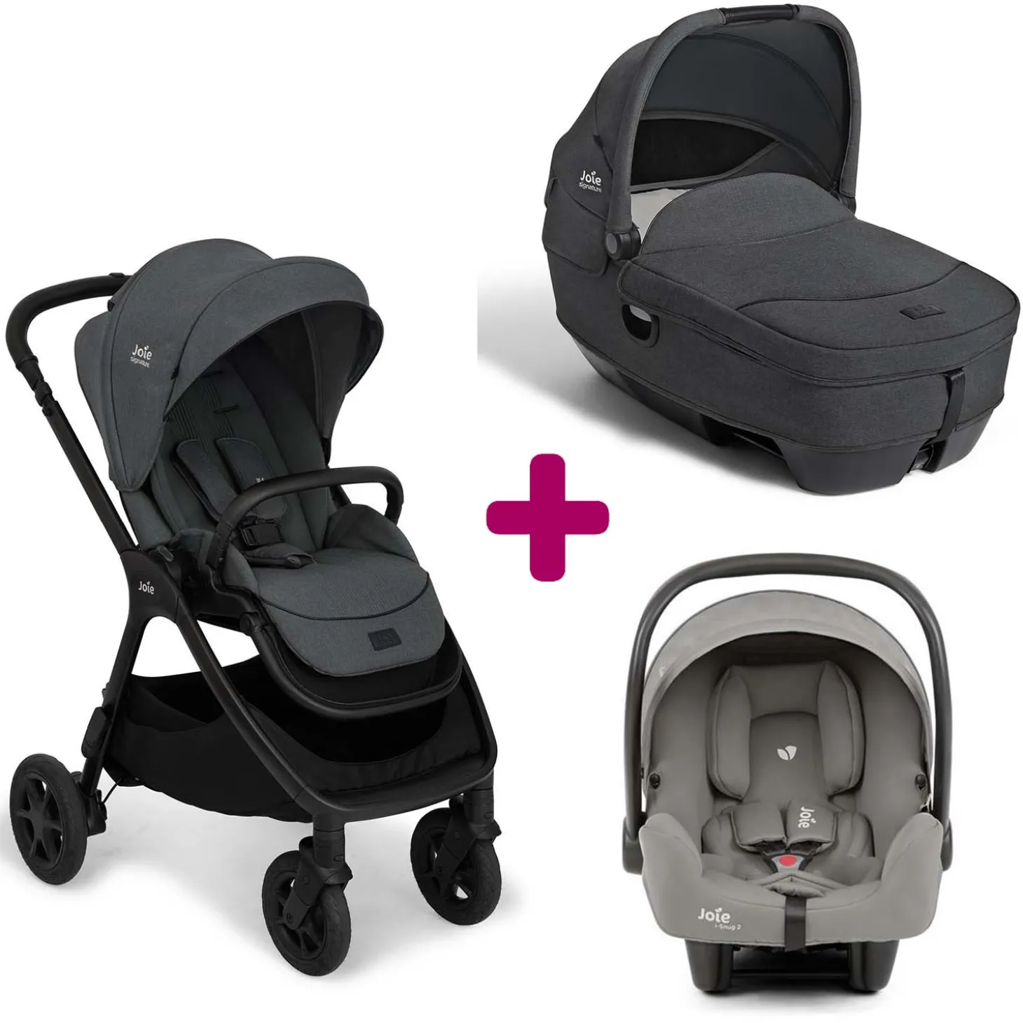 Pack poussette trio Finiti Ebony + nacelle Calmi Ebony + coque I Snug 2 Shale Pebble de Joie