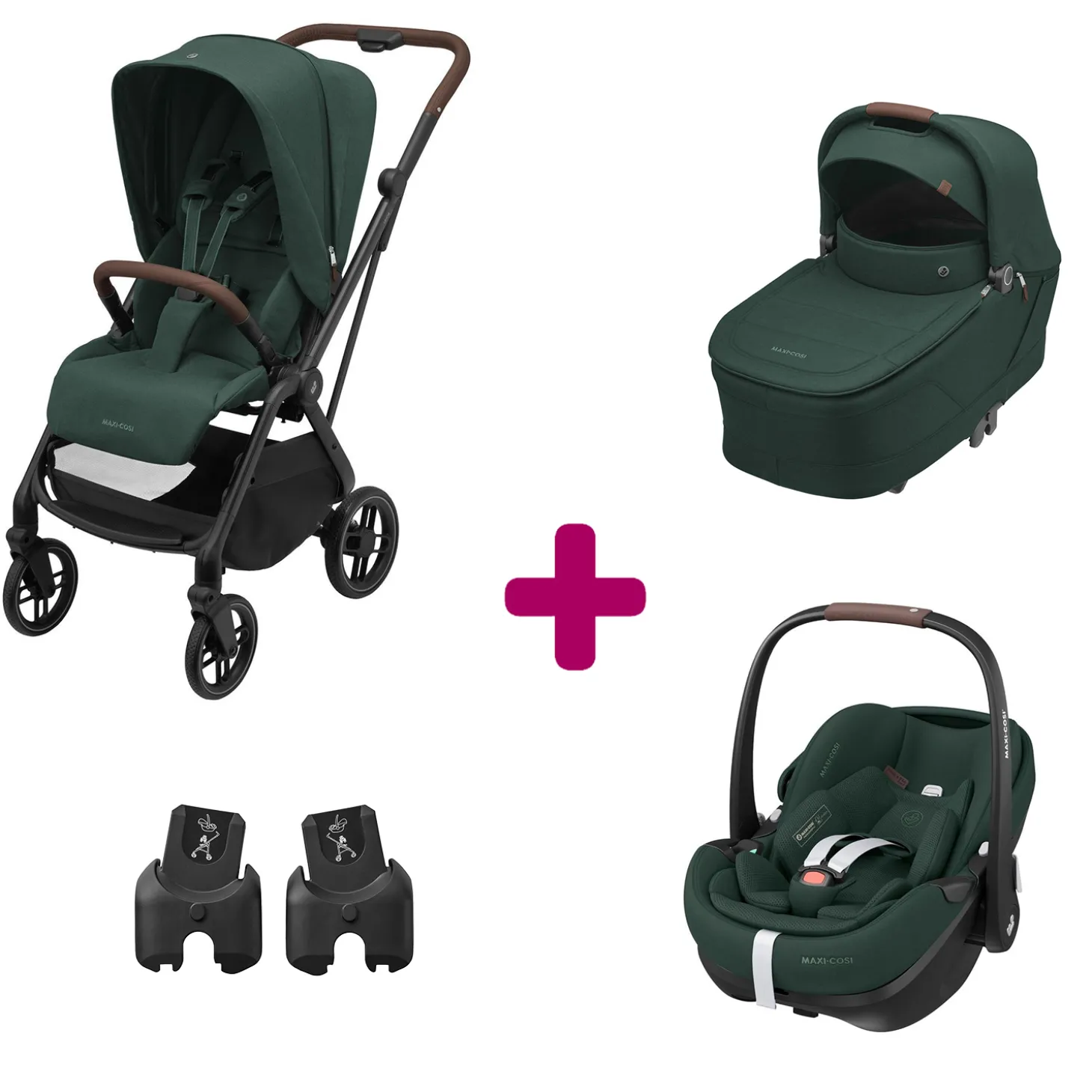 Pack Poussette Trio Léona 2 Twillic Green + nacelle + adaptateurs coque + coque Pebble 360 pro 2 de Maxi Cosi