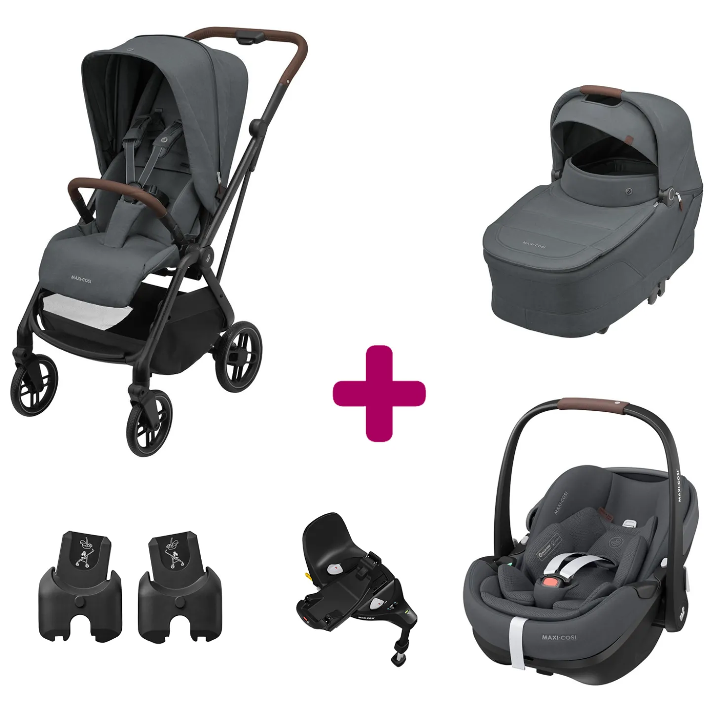 Pack Poussette Trio Léona 2 Twillic Graphite + nacelle + adaptateurs coque + coque Pebble 360 pro 2 + Base Familyfix 360 pro de Maxi Cosi
