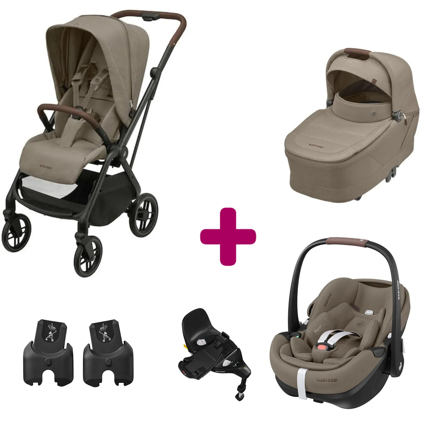 Pack Poussette Trio Léona 2 Twillic Truffle + nacelle + adaptateurs coque + coque Pebble 360 pro 2 + Base Familyfix 360 pro de Maxi Cosi