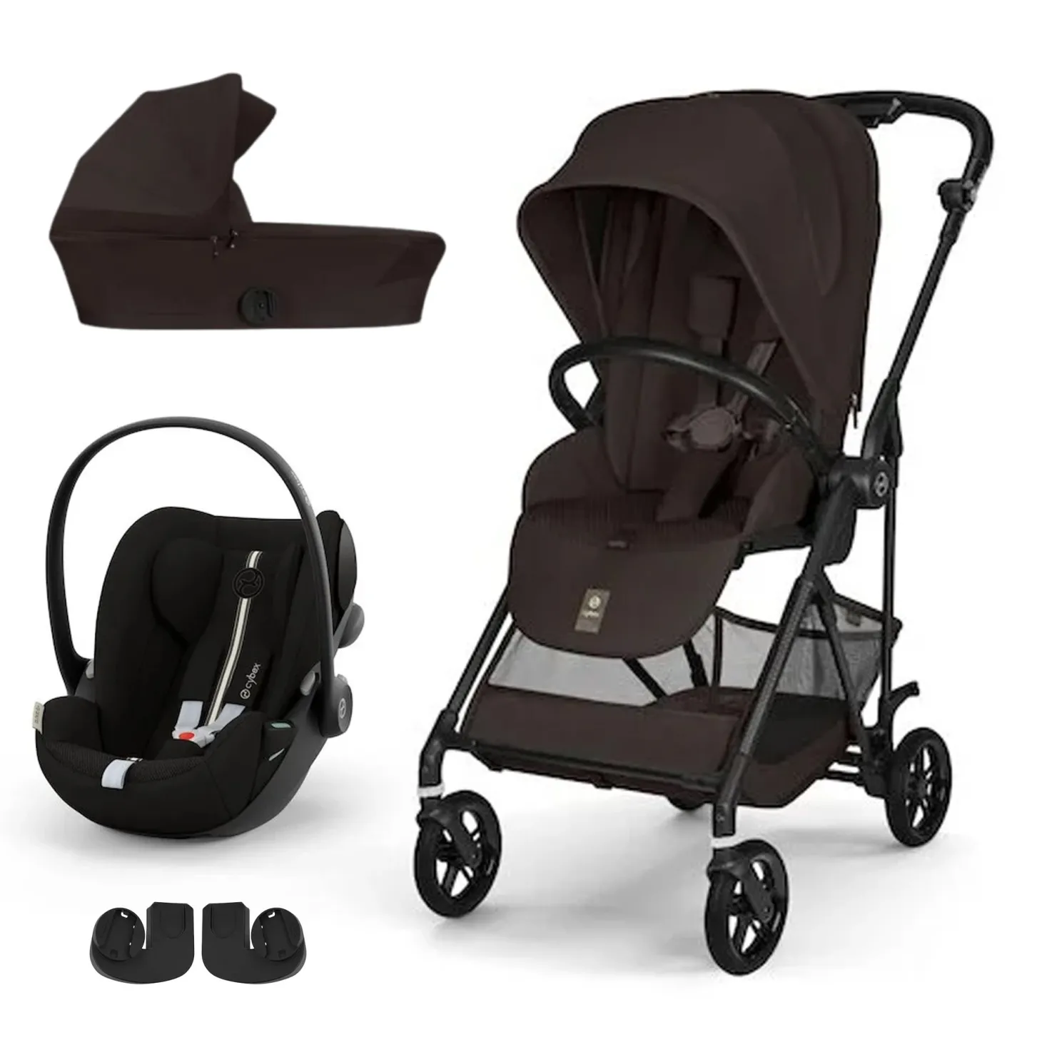 Pack Poussette trio Melio Chocolate Brown + nacelle + coque Cloud G tissu plus Moon Black de Cybex