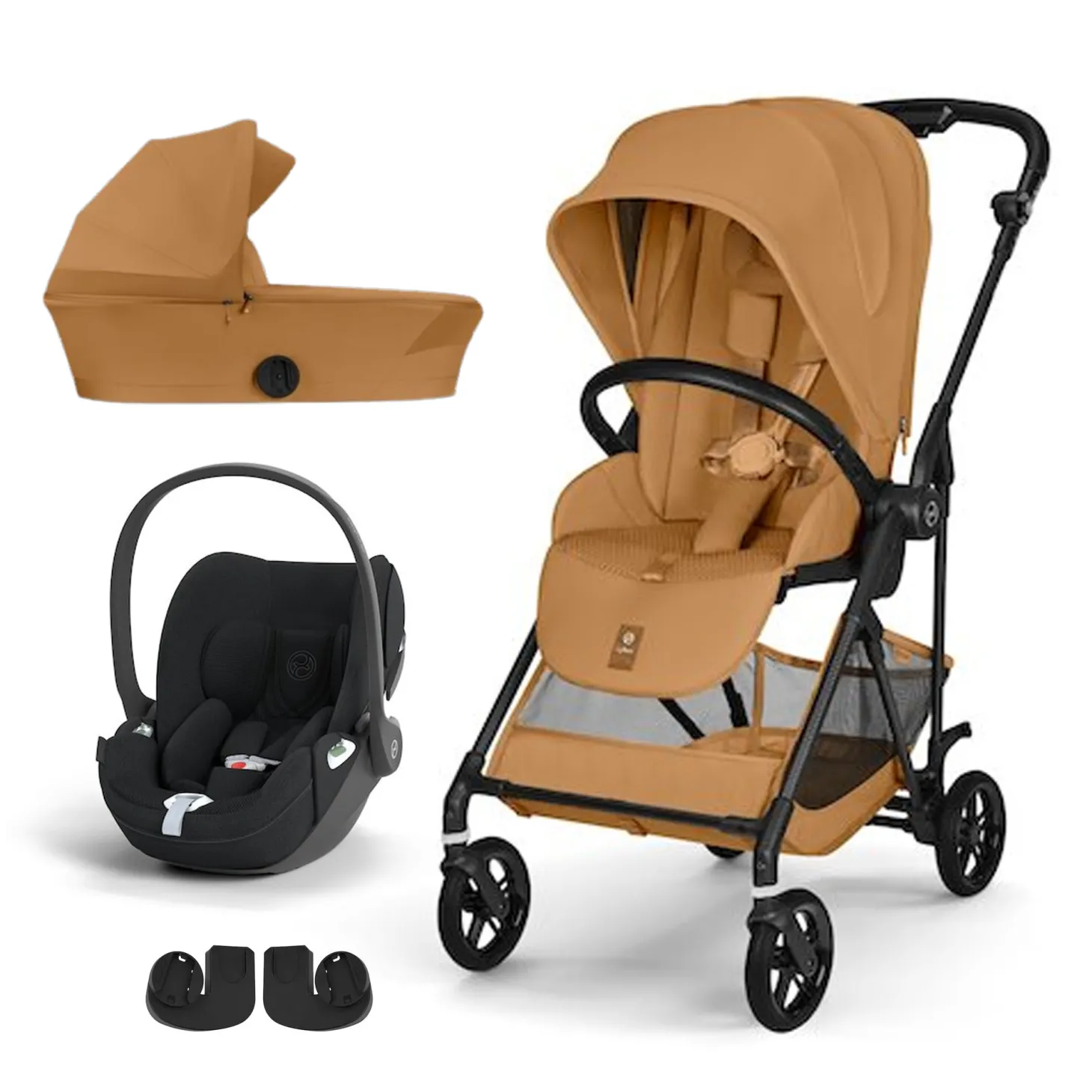 Pack Poussette trio Melio Cinnamon Yellow + nacelle + coque Cloud T tissu plus Sepia Black de Cybex