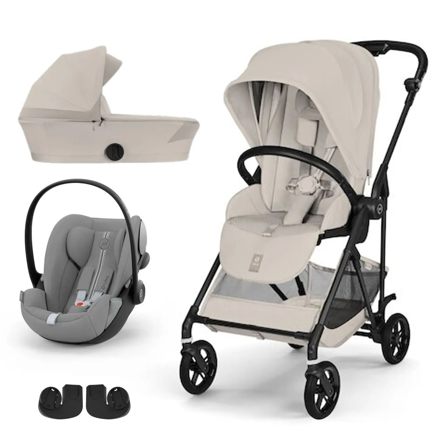 Pack Poussette trio Melio Dune Grey + nacelle + coque Cloud G tissu plus Stone Grey de Cybex