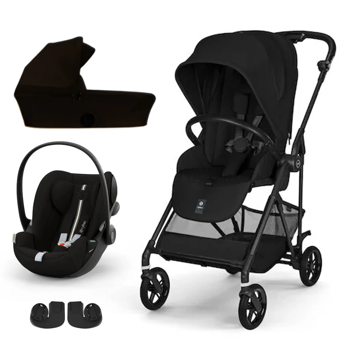 Pack Poussette trio Melio Magic Black + nacelle + coque Cloud G tissu plus Moon Black de Cybex