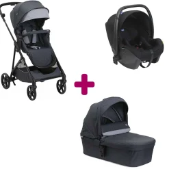 Pack poussette trio Seety Boston grey + coque Kory essential black + nacelle Boston grey                            de Chicco