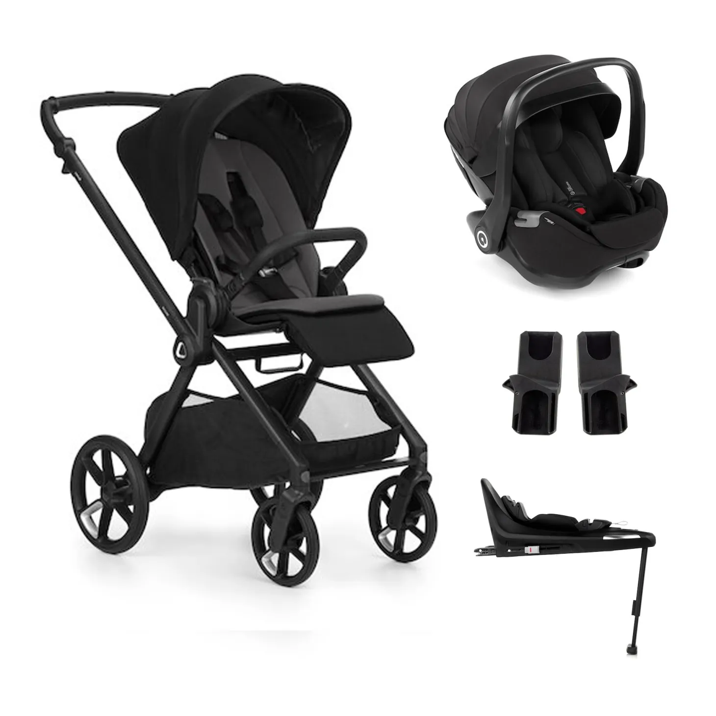 Pack trio Poussette Mumm 5 Coal + coque allongeable Kombibaby Matt Black + adaptateur + base pivotante de Jané