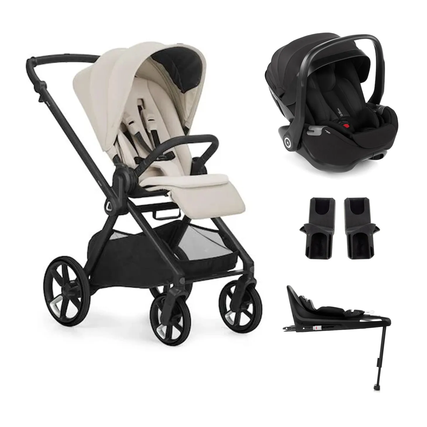 Pack trio Poussette Mumm 5 Sand-li + coque allongeable Kombibaby Matt Black + adaptateur + base pivotante de Jané