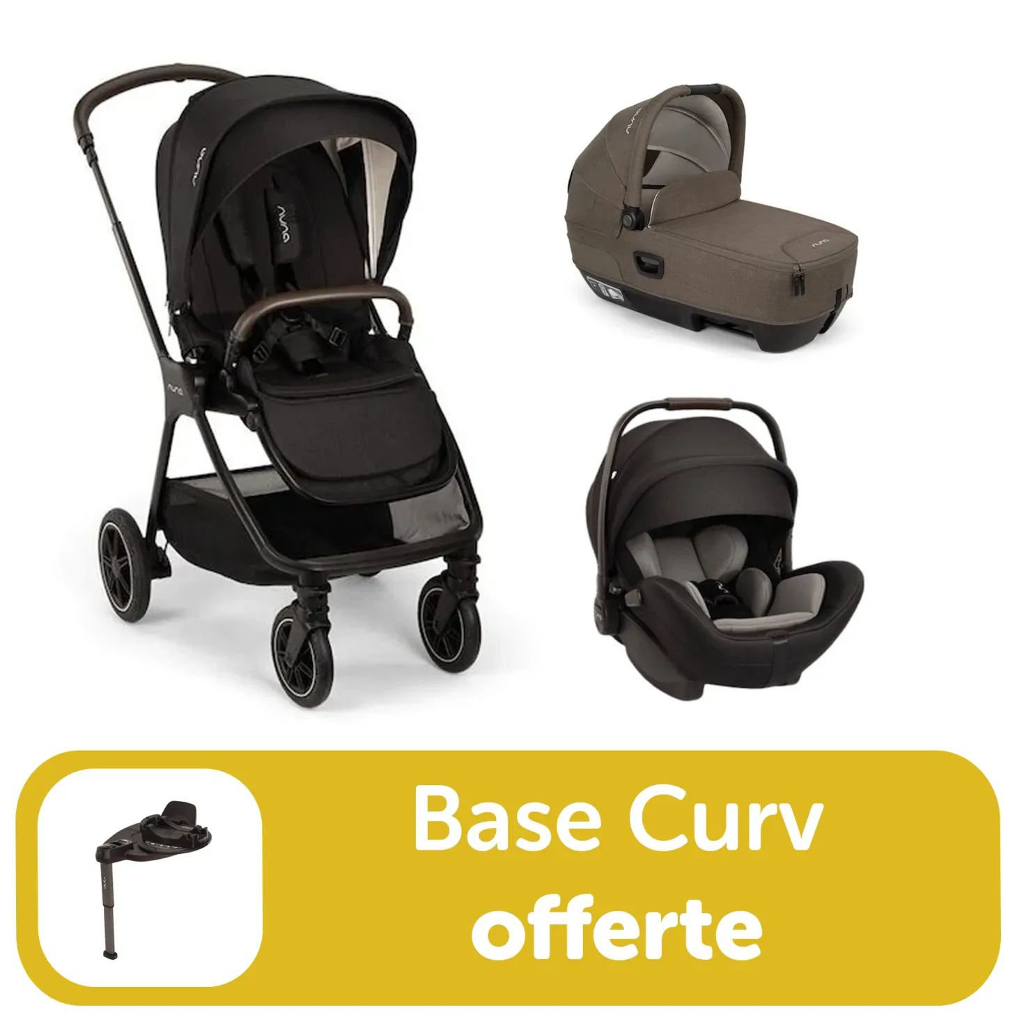 Pack trio poussette Triv next Caviar + Arra flex + nacelle cari next + base curv offerte de Nuna