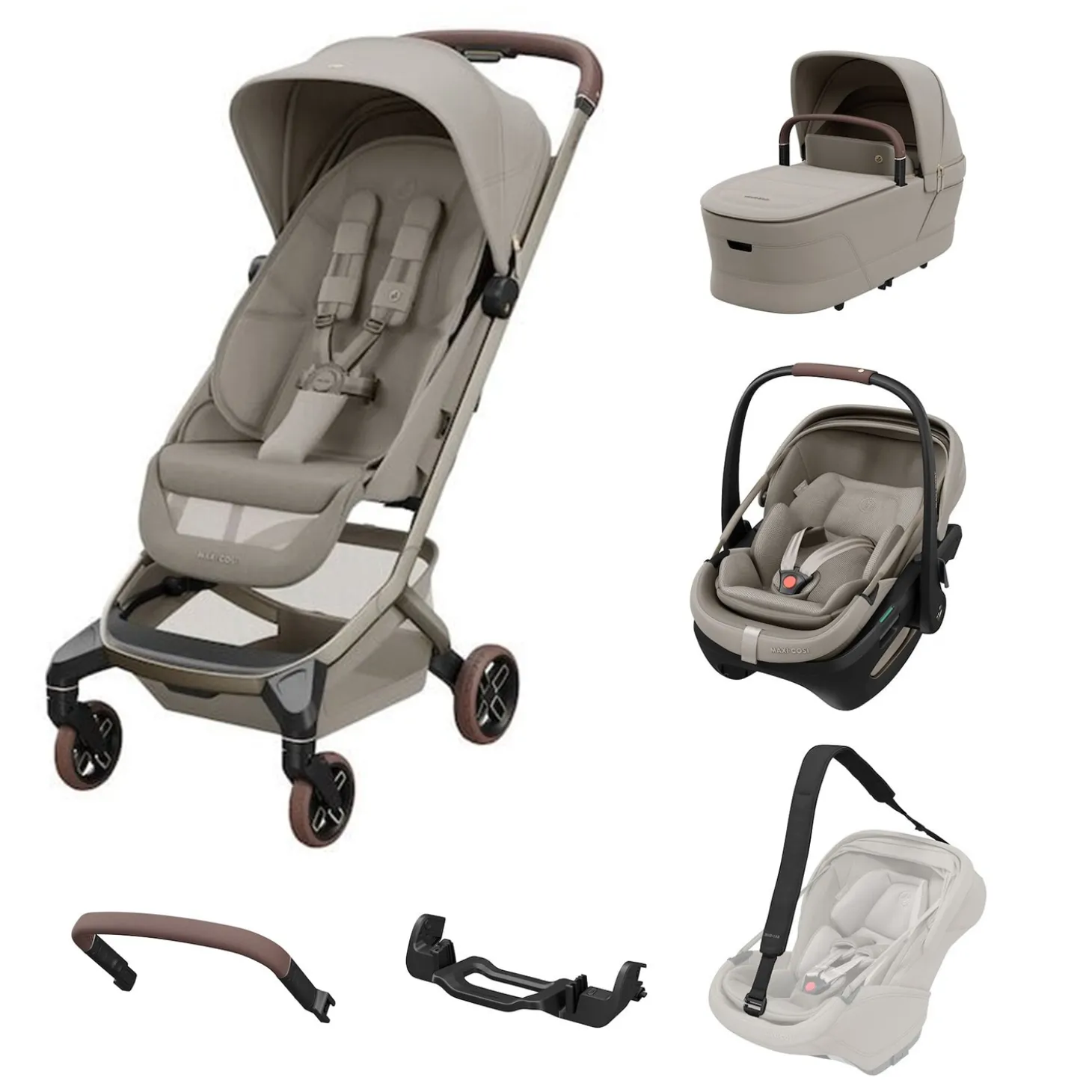 Pack XL Poussette Fame Cabin + adaptateurs + coque Coral +nacelle + harnais de transport + barre de protection de Maxi Cosi