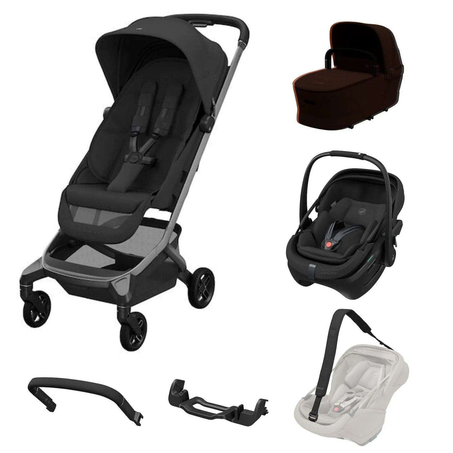 Pack XL Poussette Fame Cabin + adaptateurs + coque Coral +nacelle + harnais de transport + barre de protection de Maxi Cosi