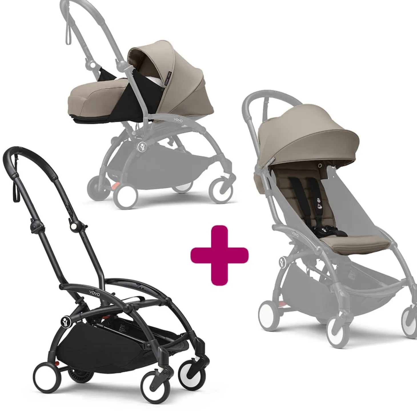 Poussette Yoyo 3 avec pack 0+ nouveau-né et 6+ Taupe Cadre Noir de Stokke