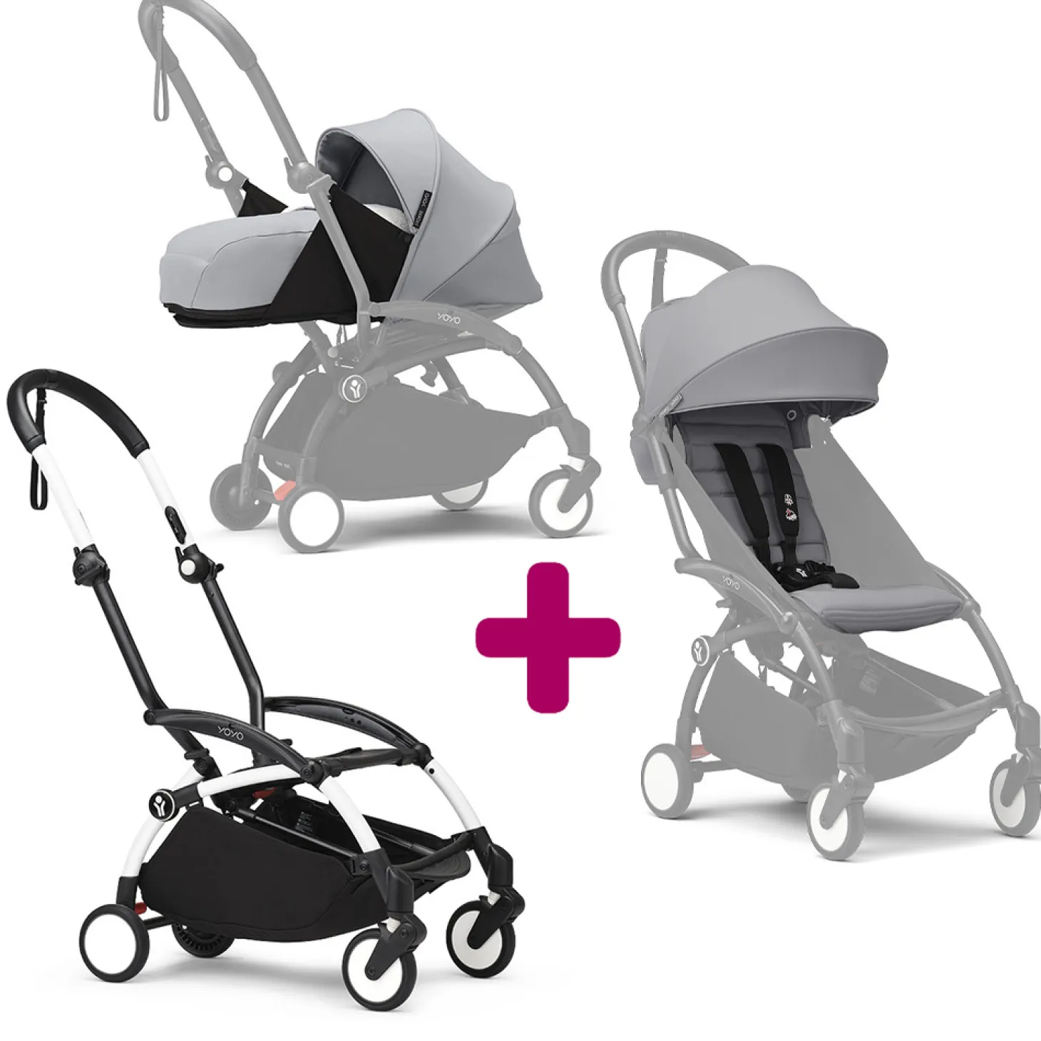 Poussette Yoyo 3 avec pack 0+ nouveau-né et 6+ Stone Cadre Blanc de Stokke
