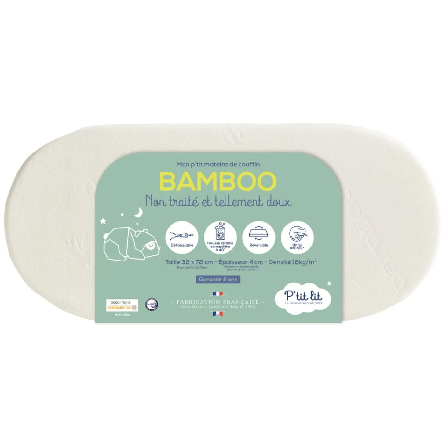 P'tit lit Matelas couffin Bamboo Blanc 32 x 72 cm