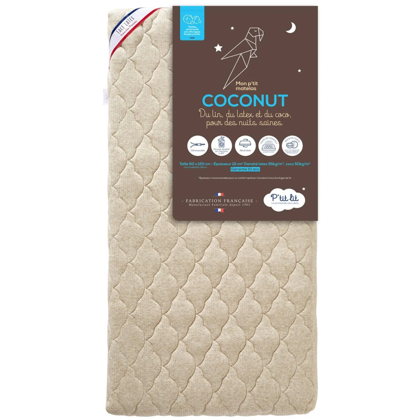 P'tit lit Mon P'tit Matelas Coco Nut déhoussable - ecru 60x120x12cm
