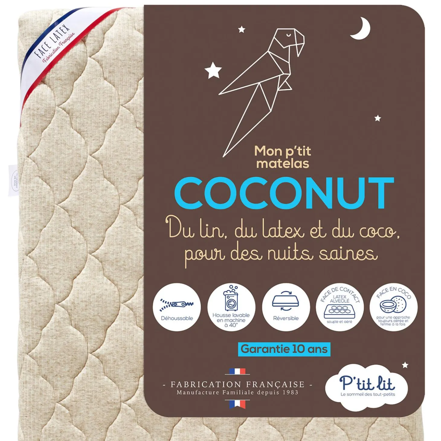 P'tit lit Mon P'tit Matelas Coco Nut déhoussable - ecru 60x120x12cm