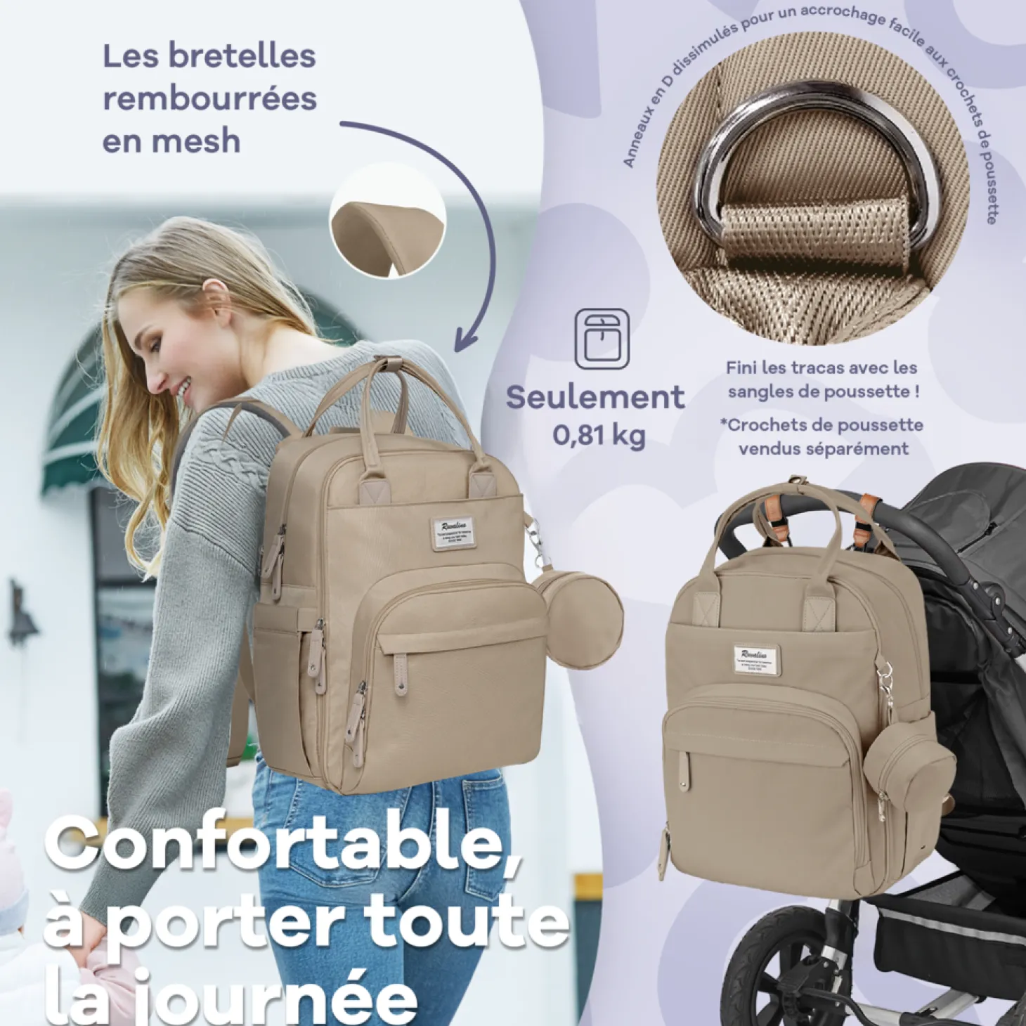Ruvalino Sac à dos à langer multi-fonctions Beige