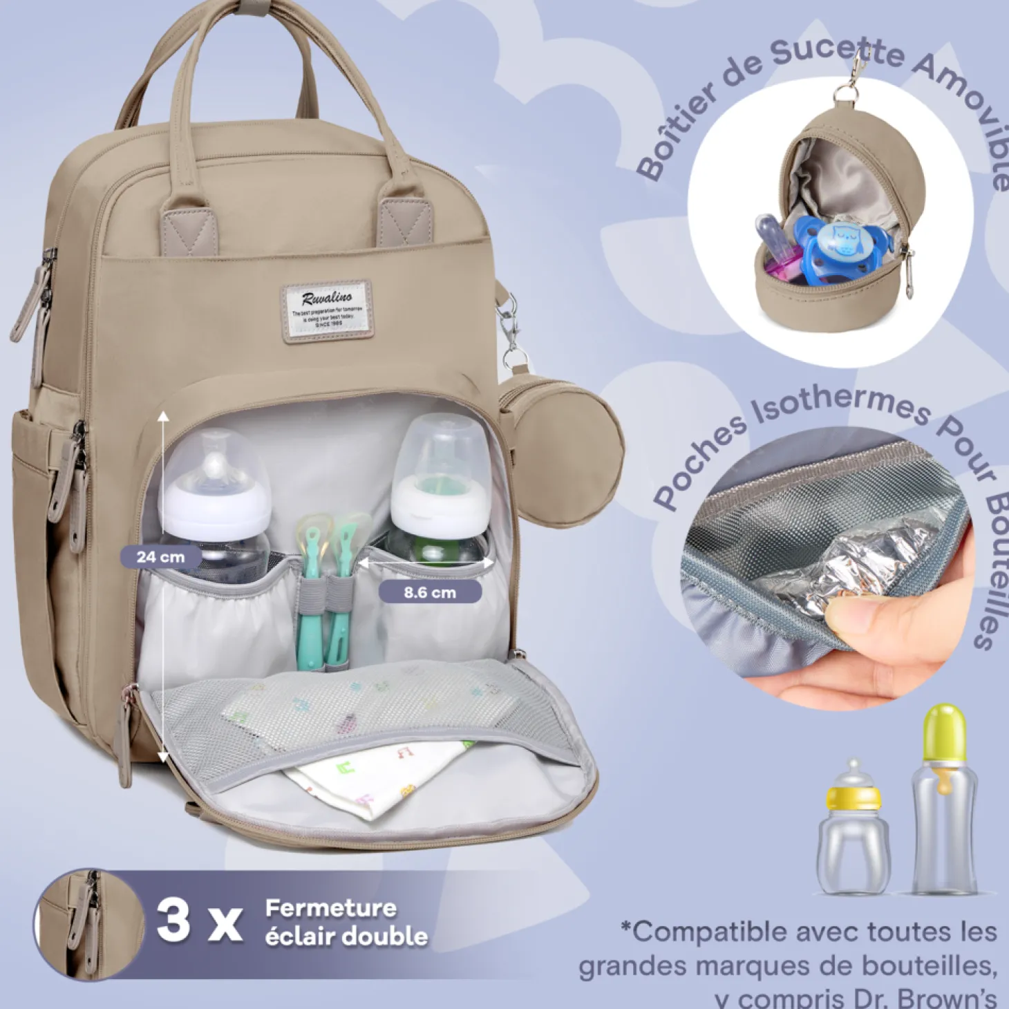 Ruvalino Sac à dos à langer multi-fonctions Beige