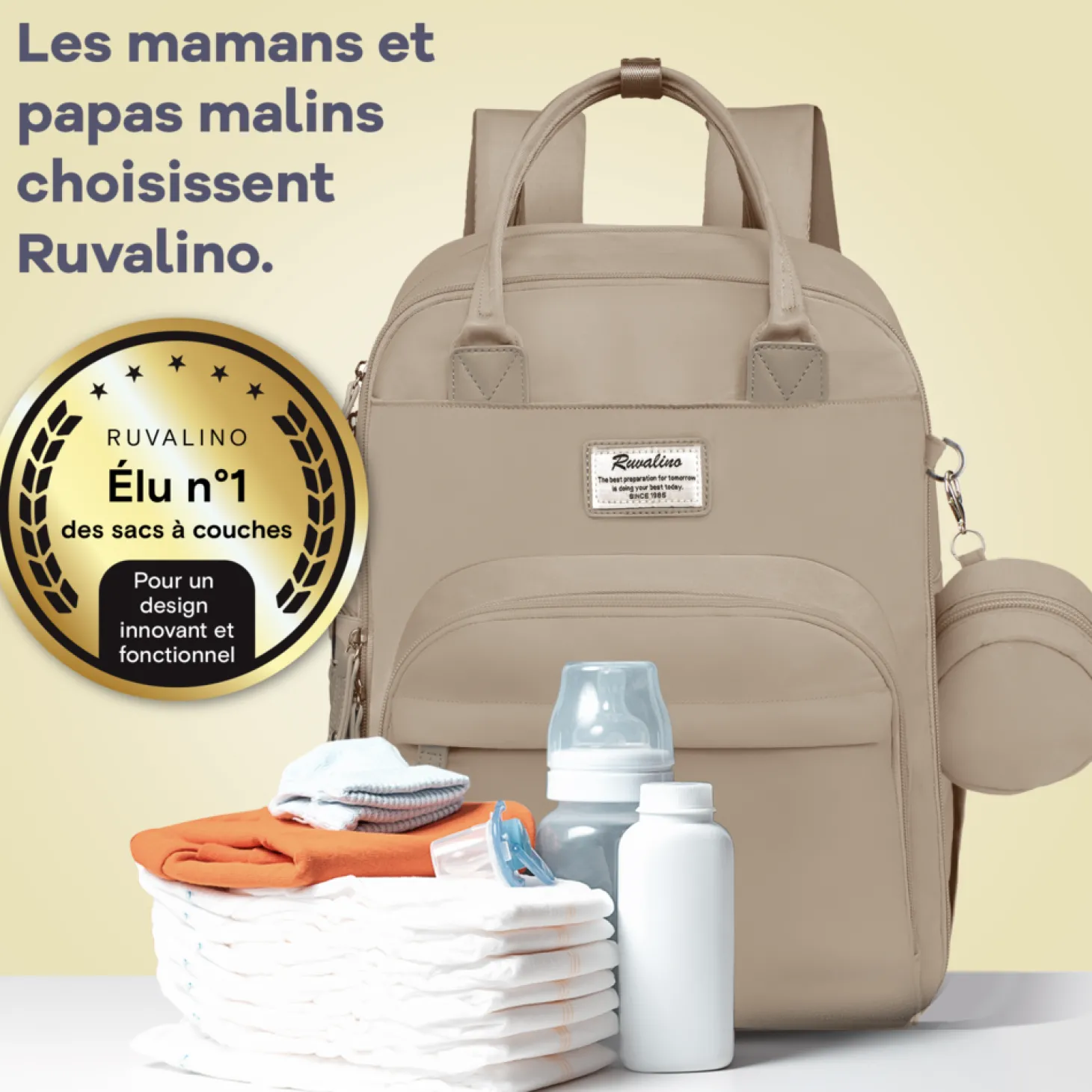 Ruvalino Sac à dos à langer multi-fonctions Beige