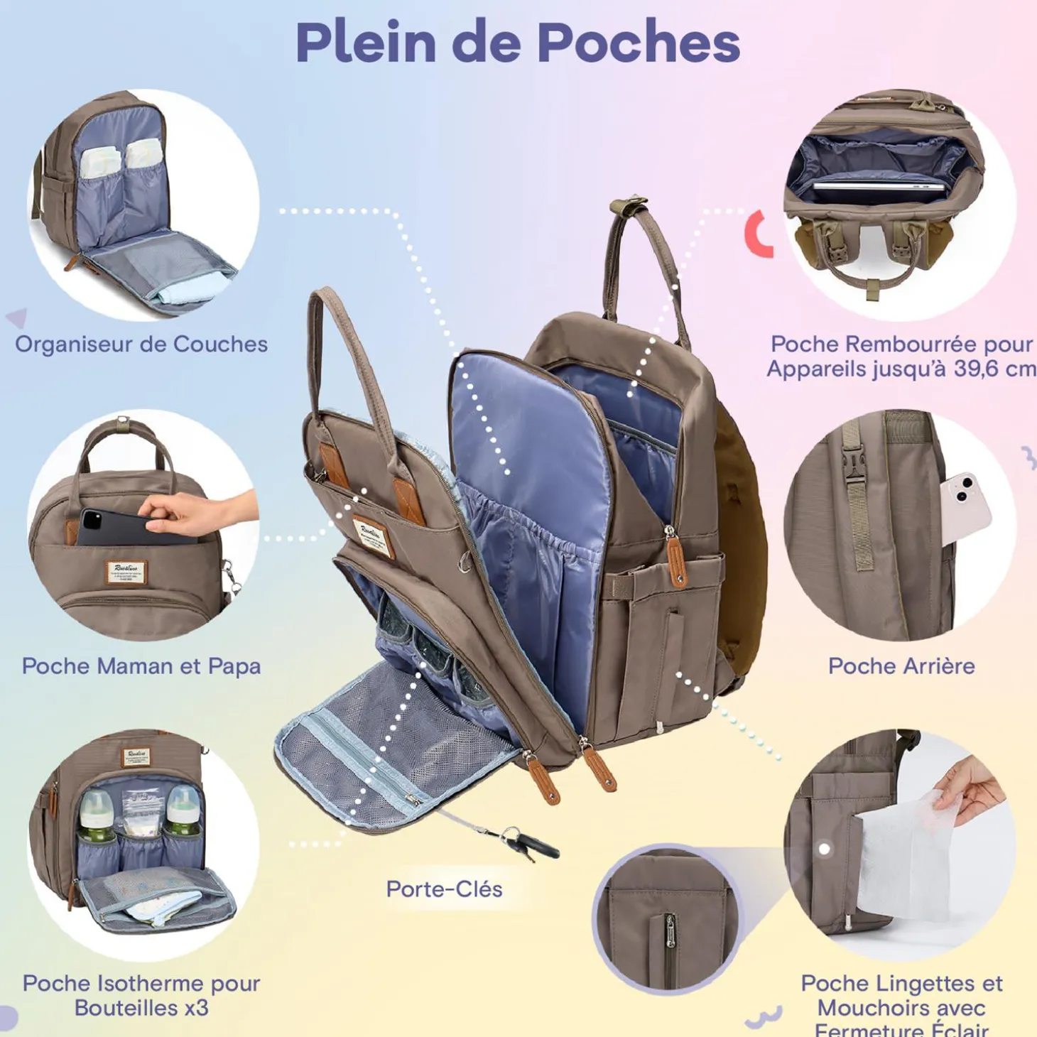 Ruvalino Sac à dos à langer multi-fonctions Taupe