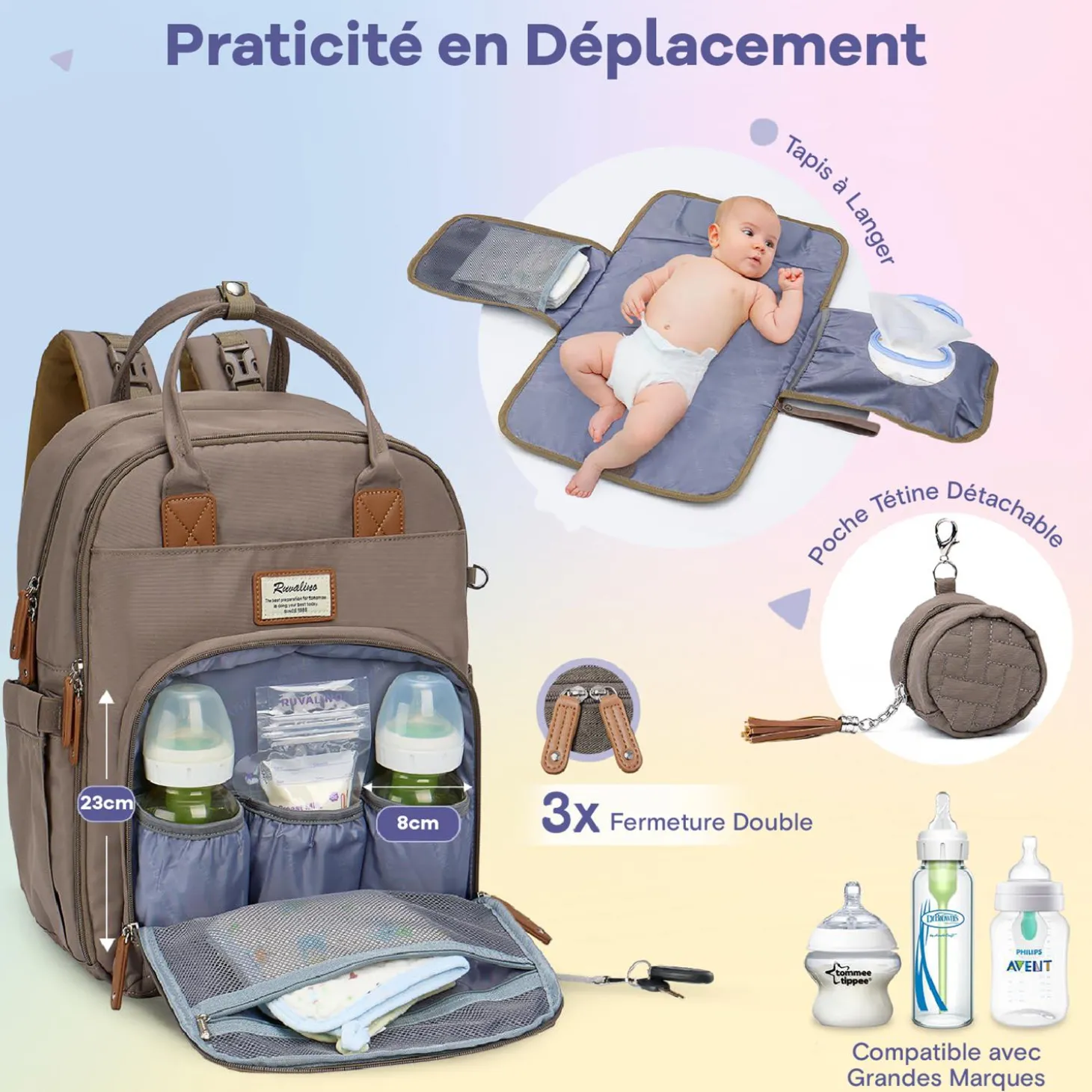 Ruvalino Sac à dos à langer multi-fonctions Taupe