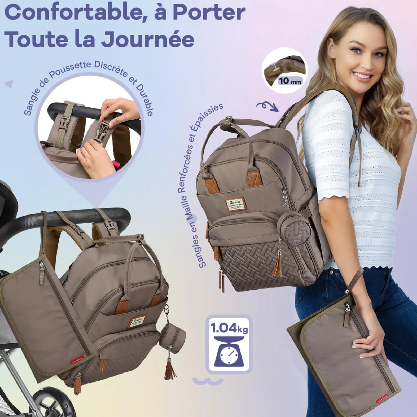 Ruvalino Sac à dos à langer multi-fonctions Taupe