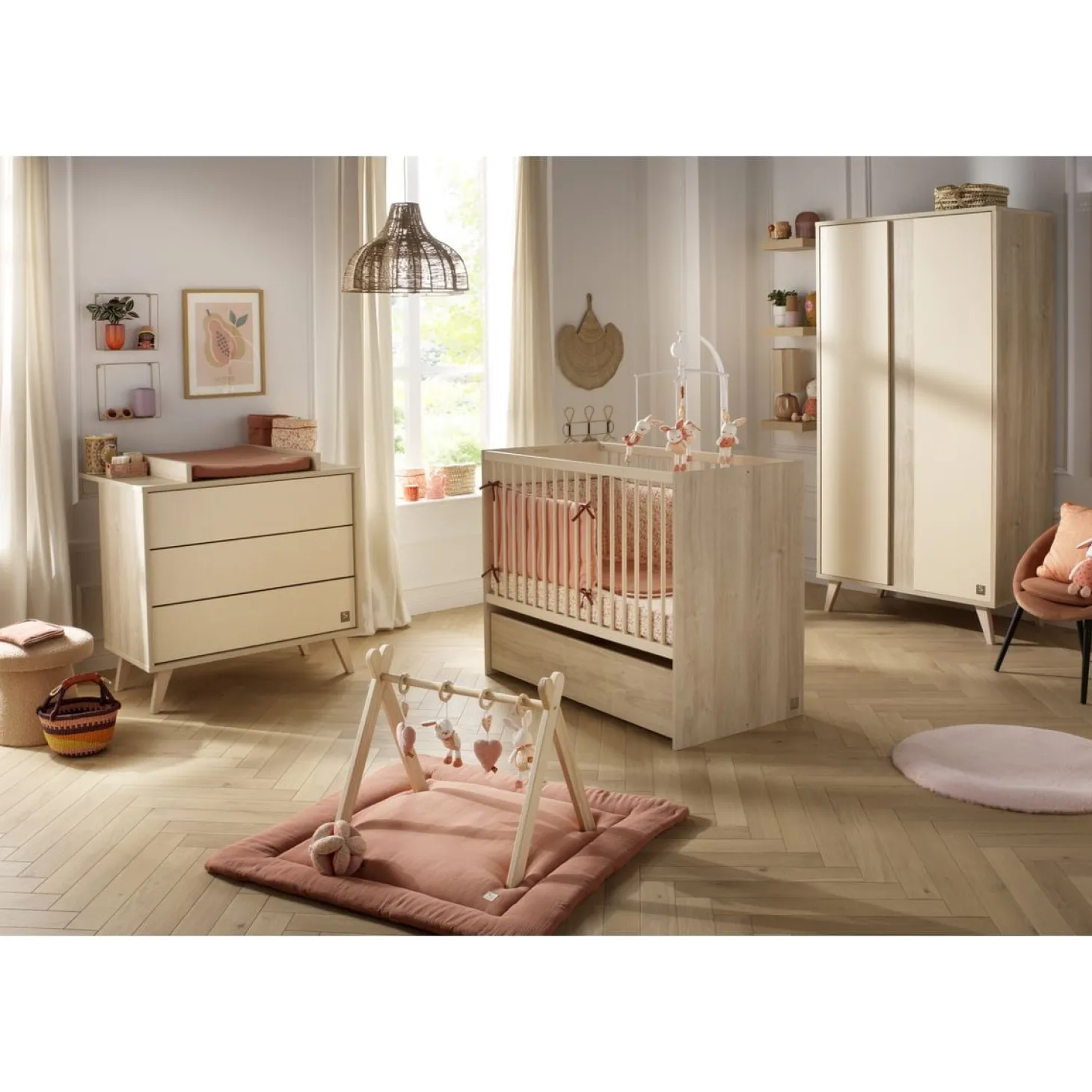 Sauthon Armoire 2 portes Mélinée Chêne Sépia/Crème/Hêtre Vernis