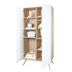 Sauthon Armoire 2 Portes Sixties Bois Chêne doré / Blanc / Hêtre vernis naturel