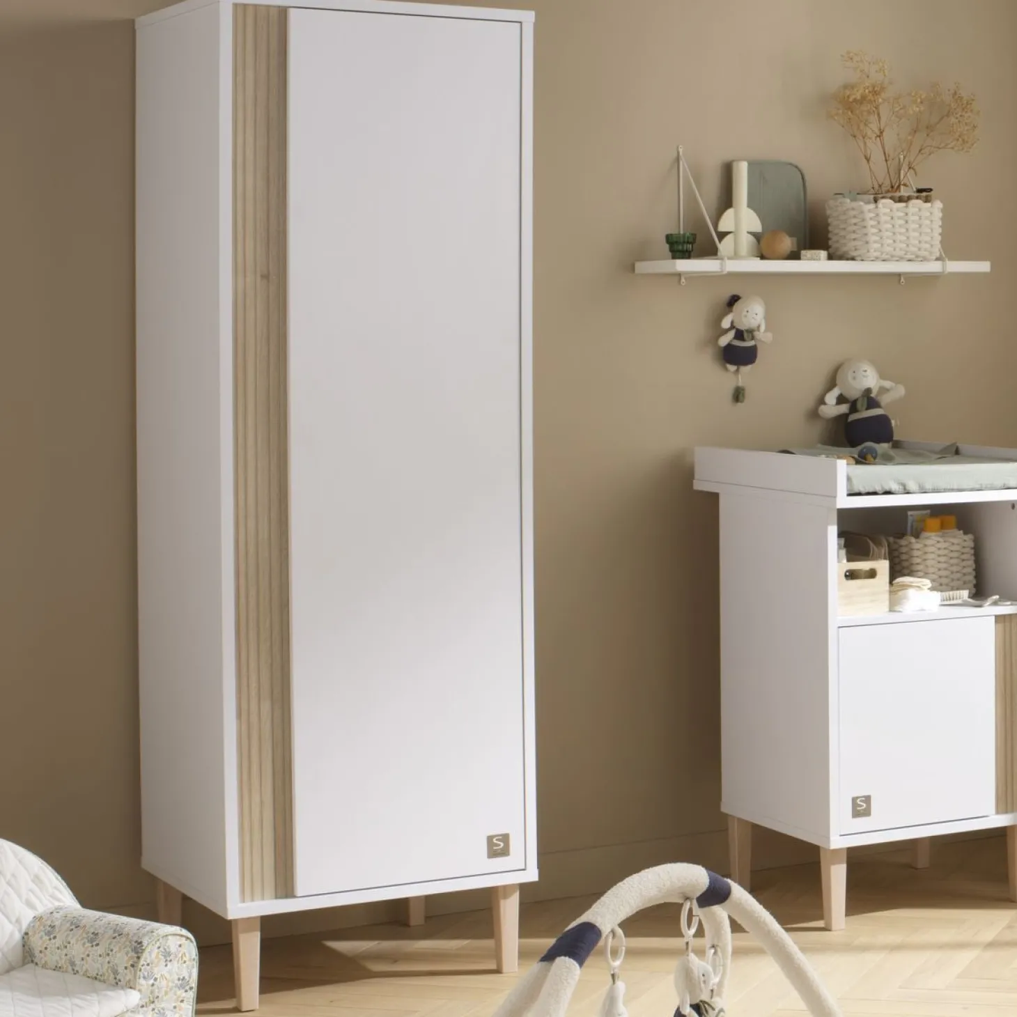 Sauthon Armoirette 1 porte Paloma Blanc Neige/Chêne Strié Sépia/Hêtre Vernis