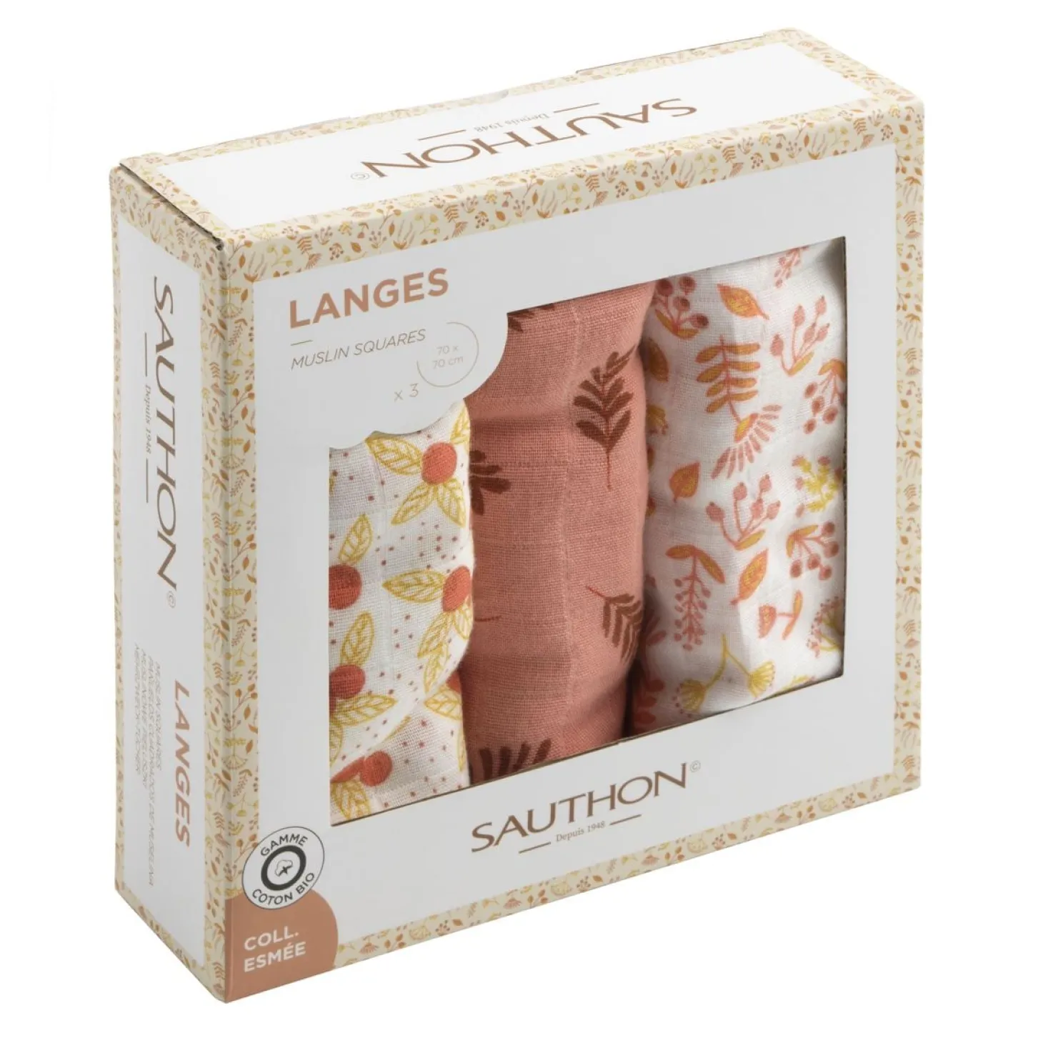 Sauthon Boite de 3 langes bio Esmee Blanc