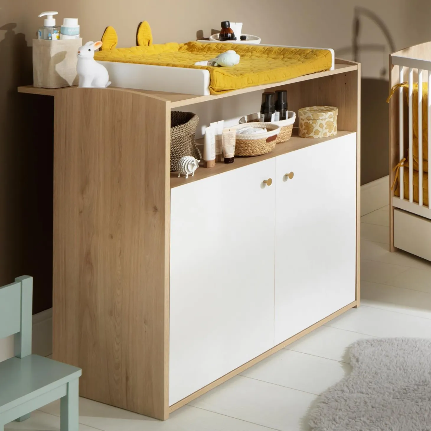Sauthon Commode 2 Portes Blanches 1 Niche Alice Chêne Suave / Blanc