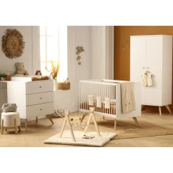 Sauthon                    Commode 3 Tiroirs Nacrea    Blanc / Hêtre vernis naturel