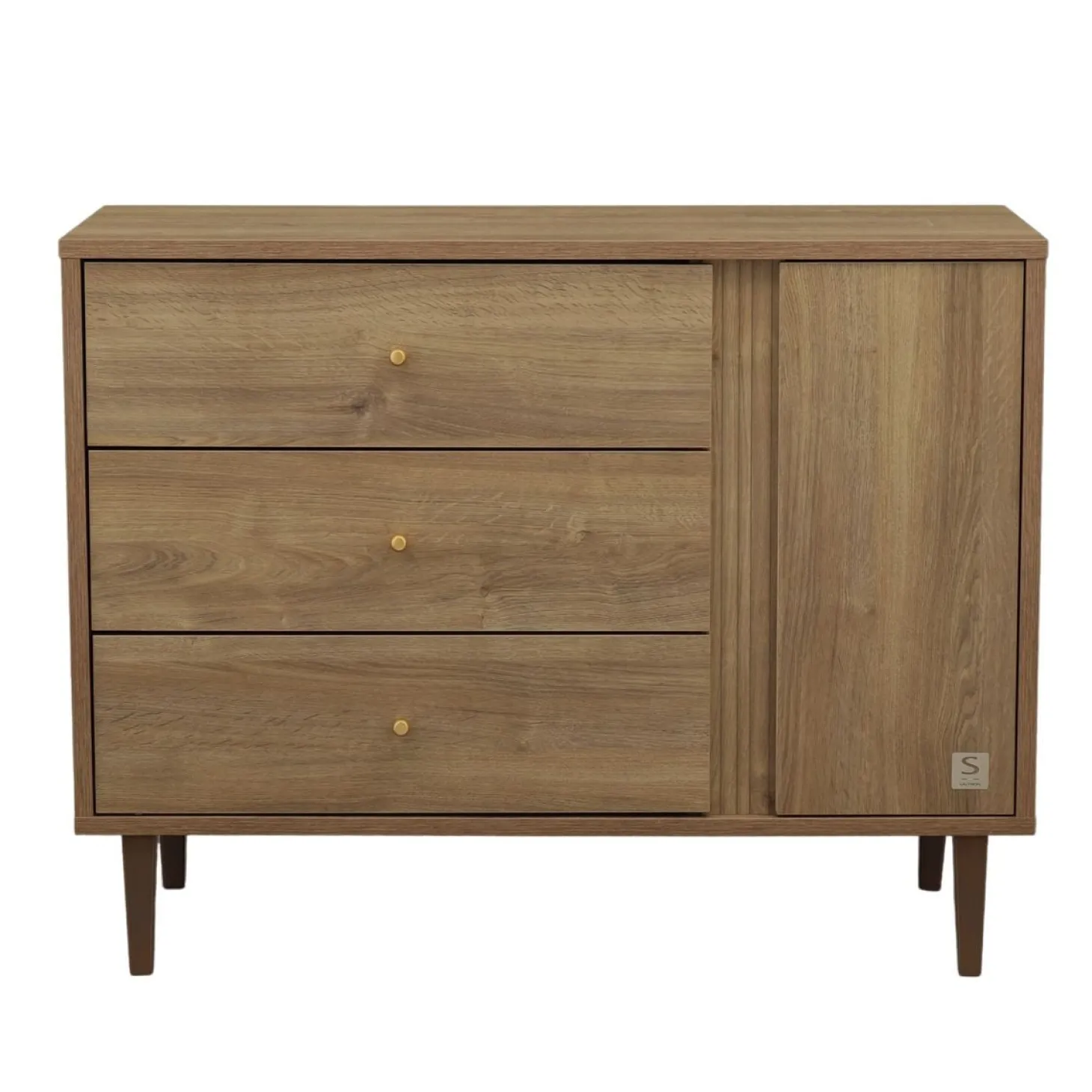 Sauthon Commode 3 tiroirs 1 porte Mokka Chêne/Chêne Strié/Chêne Foncé