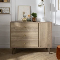 Sauthon Commode 3 tiroirs 1 porte Mokka Chêne/Chêne Strié/Chêne Foncé